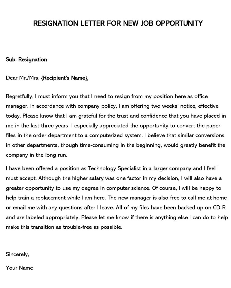 Editable resignation letter sample