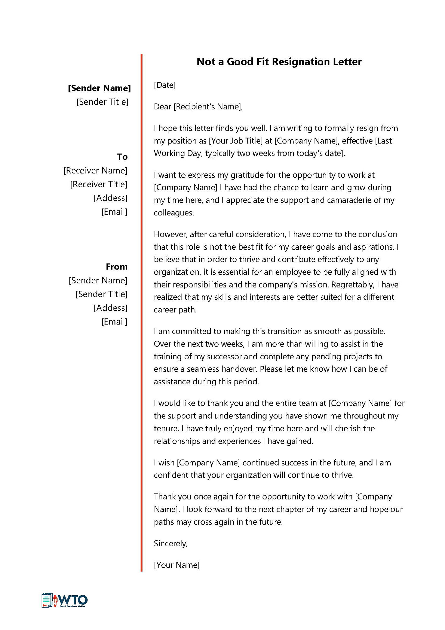 Free Printable Not a Good Fit Resignation Letter Template 03 for Word Document