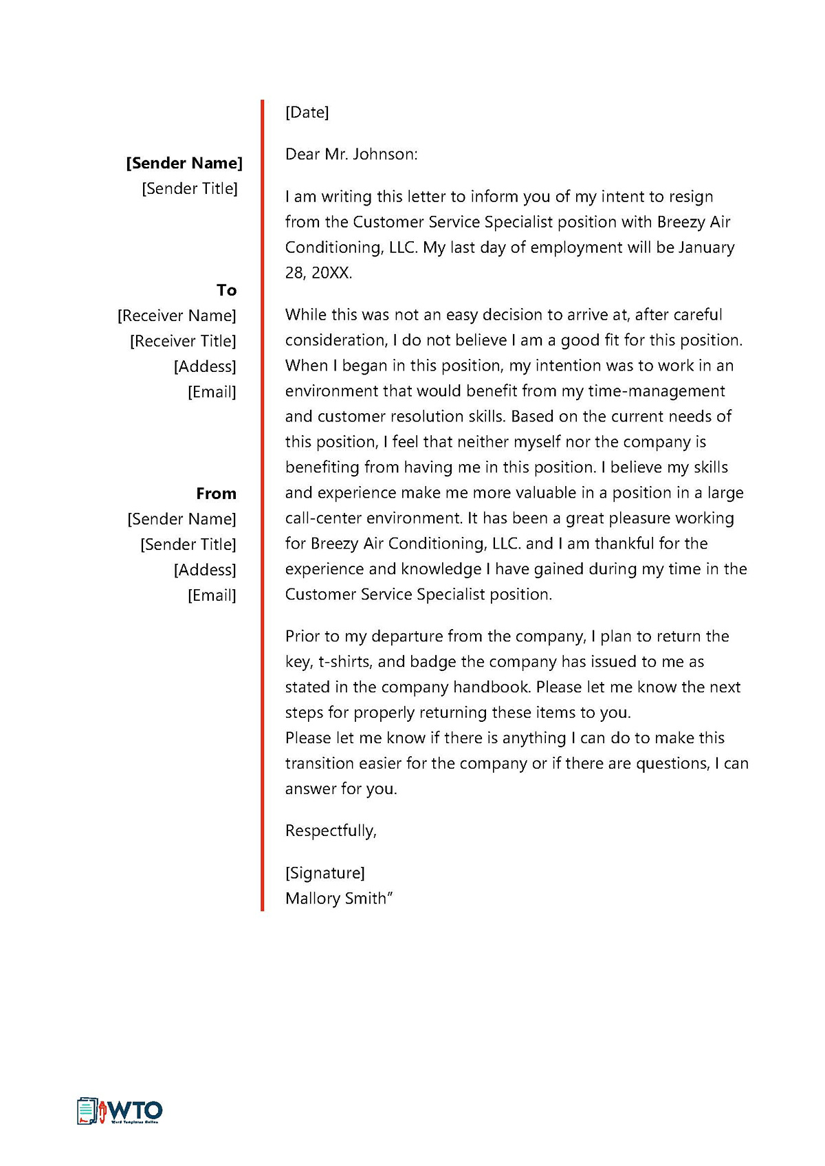 Free Resignation Letter Template - Editable Format (Job Not a Good Fit)