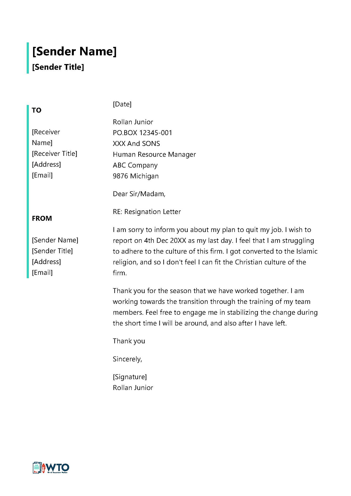 Resignation Letter - Customizable Content (Job Not a Good Fit)