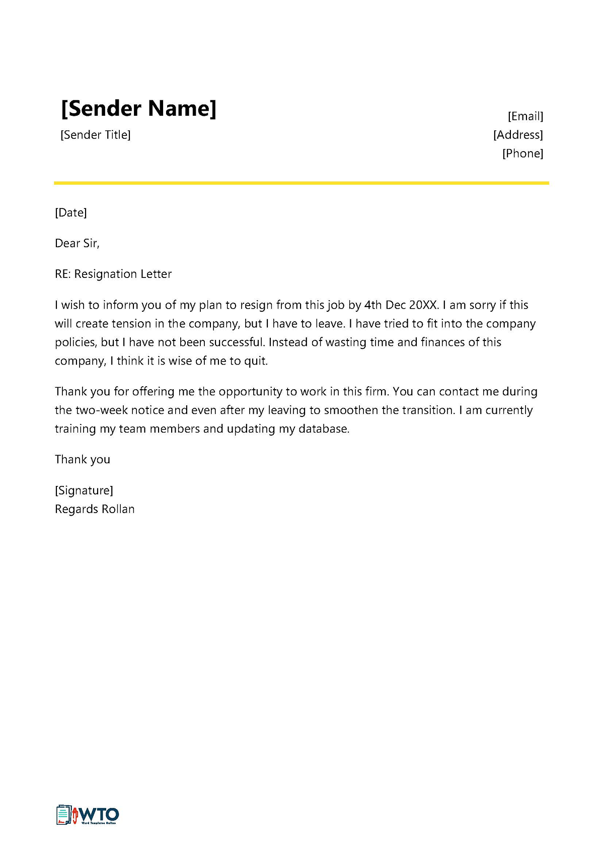 Professional Editable Two Weeks Notice Not a Good Fit Resignation Letter Sample for Word File