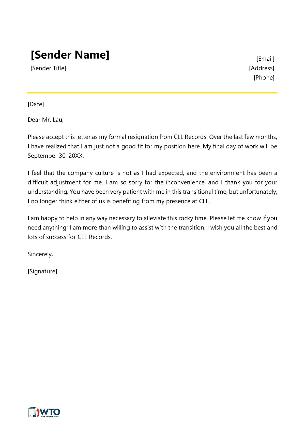 Resignation Letter Example - Sample Document (Job Not a Good Fit)
