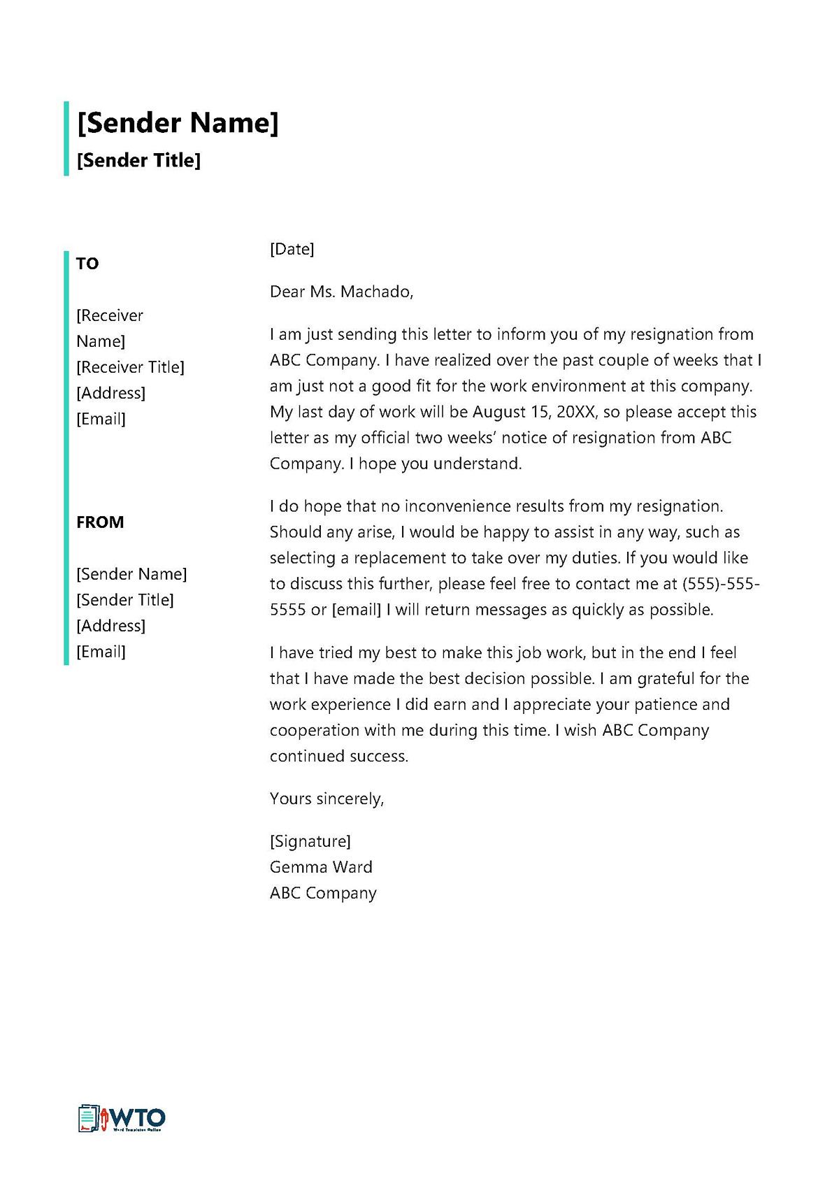 Resignation Letter - Ready-to-Use Word Document (Job Not a Good Fit)