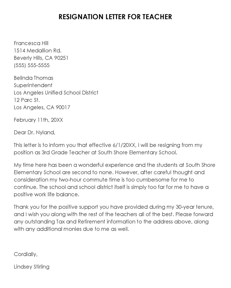  teacher resignation letter to principal for personal reasons