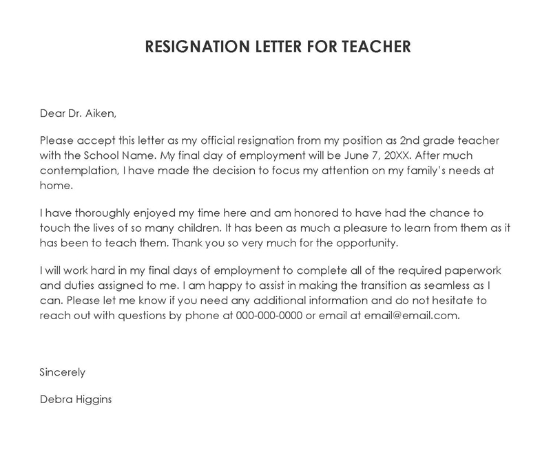 Free Printable 2nd Grade Teacher Resignation Letter Sample 01 for Word File