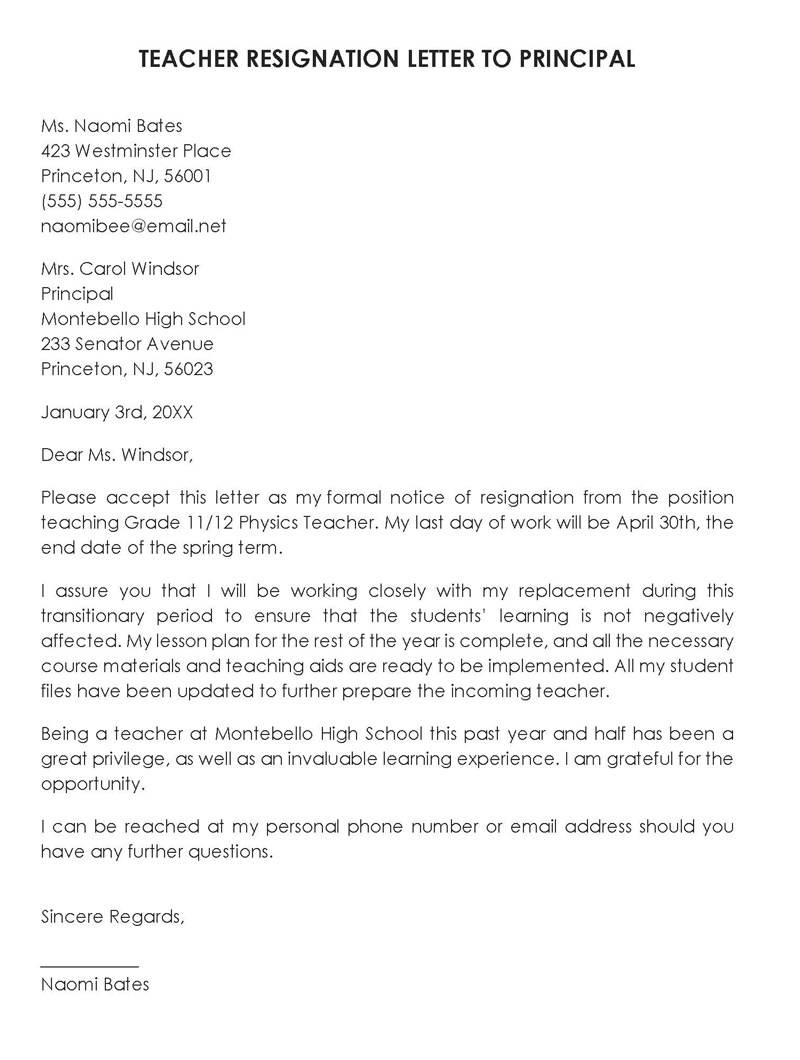 simple resignation letter for teacher