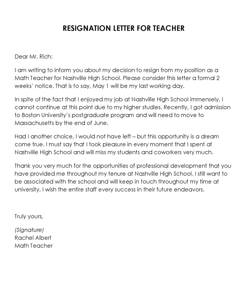 Free Printable Math Teacher Resignation Letter Sample for Word File
