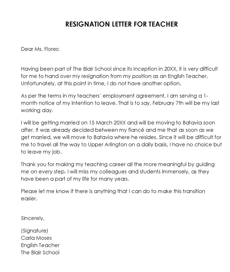 resignation letter for teacher due to marriage