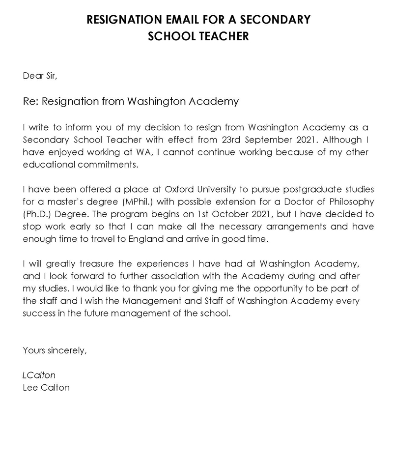 Free Teacher Resignation Letter Sample 10