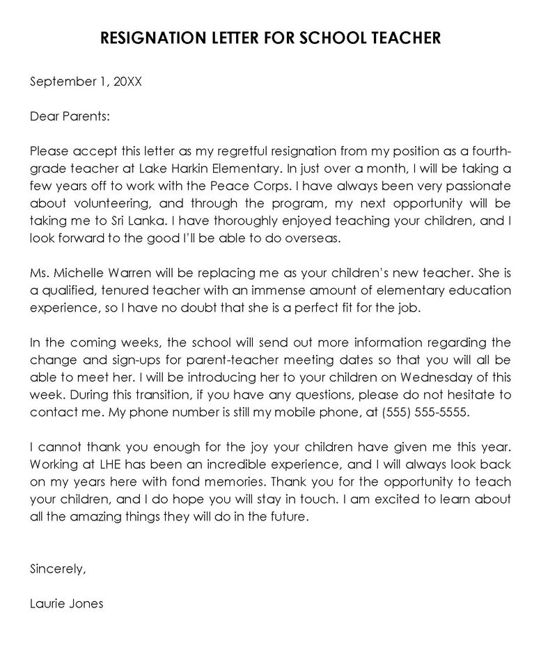 Free Printable 4th Grade Teacher Resignation Letter Sample 01 for Word File
