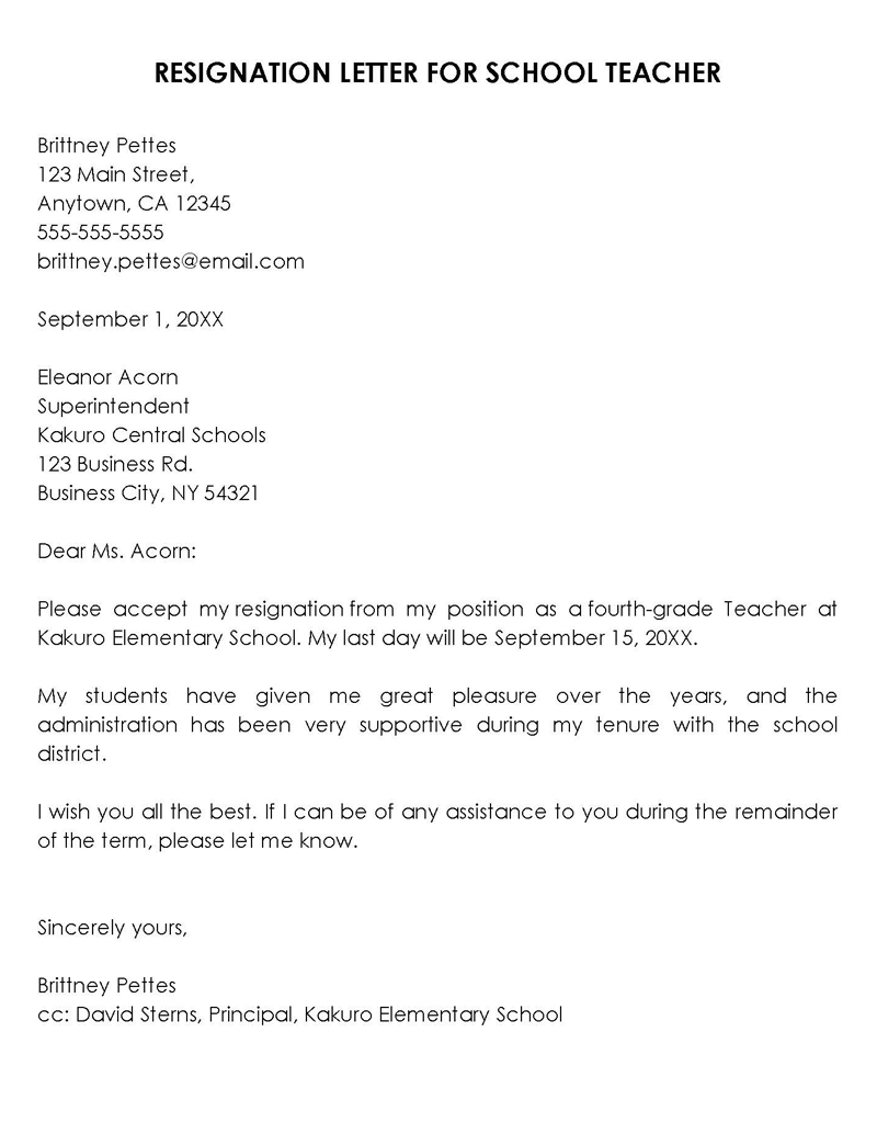 Free Printable 4th Grade Teacher Resignation Letter Sample 02 for Word File