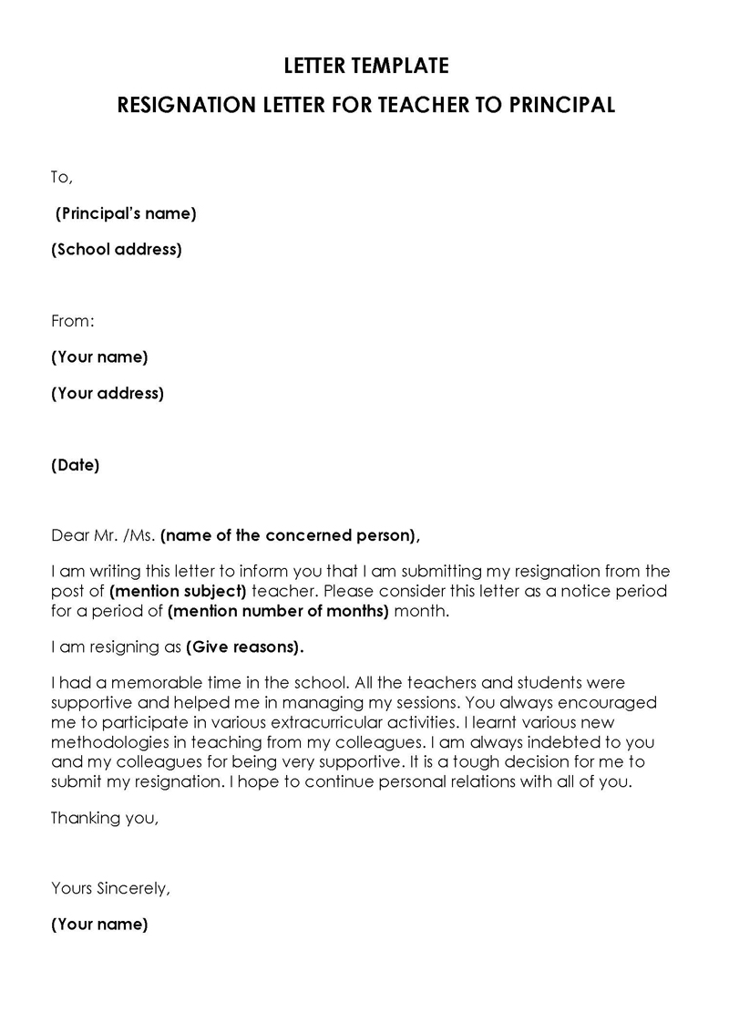 Free Printable General Teacher Resignation Letter Template for Word File