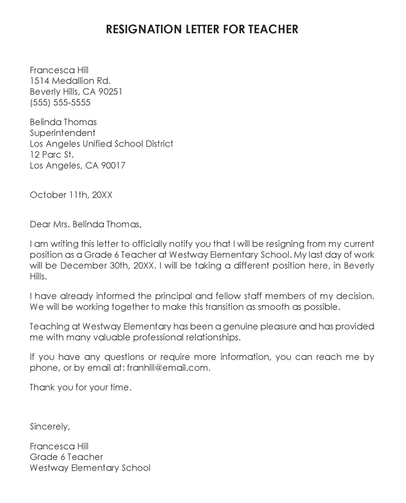 Free Printable 6th Grade Teacher Resignation Letter Sample for Word File
