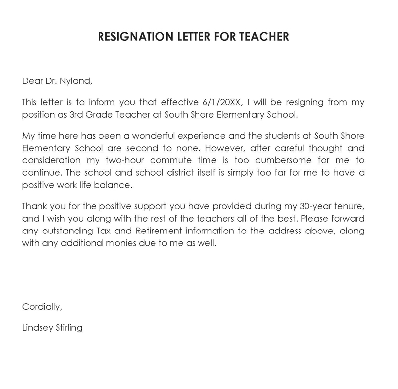 Free Teacher Resignation Letter Sample 18