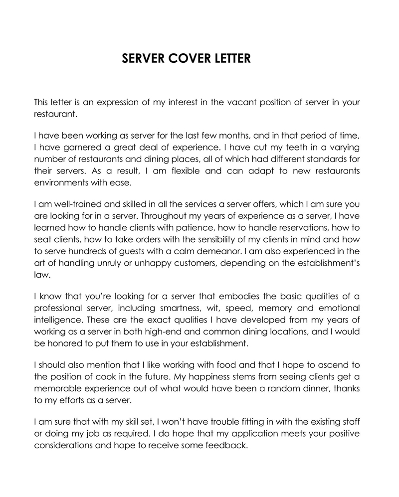 Free Server (Waiter) Cover Letter Sample 01 in Word