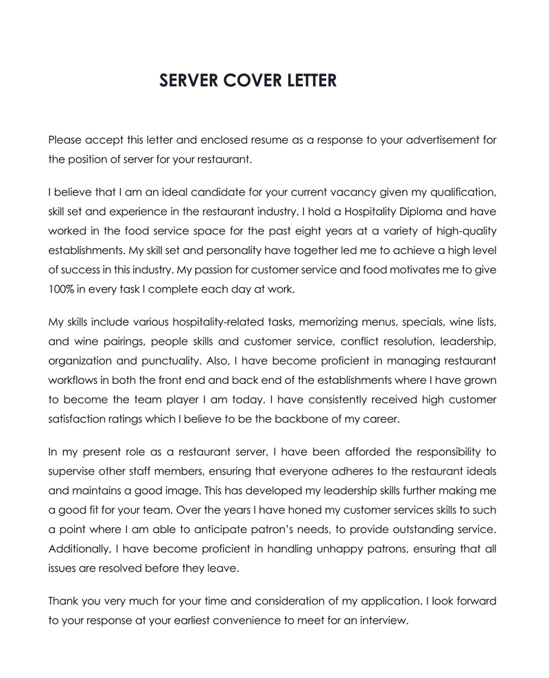 Free Server (Waiter) Cover Letter Sample 03 in Word
