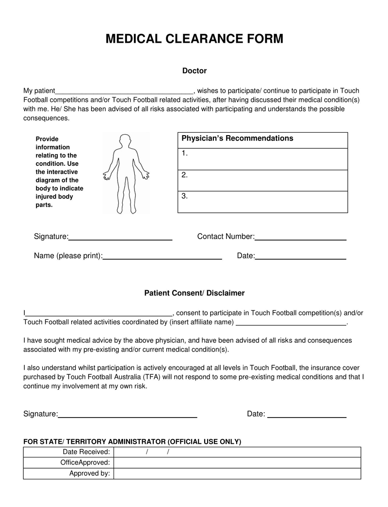 Printable medical clearance form template