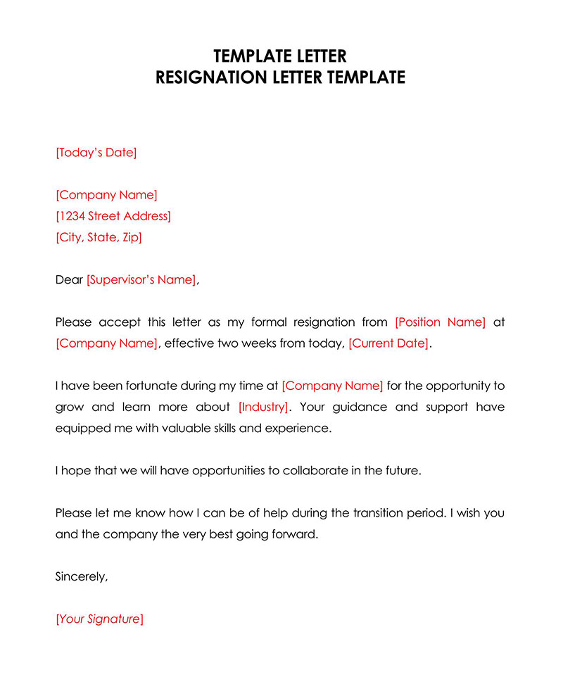 Downloadable Two Weeks' Notice Resignation Letter Template 10
