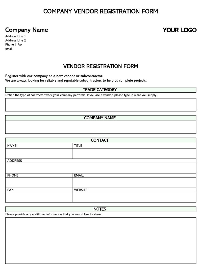 Vendor Registration Example Form