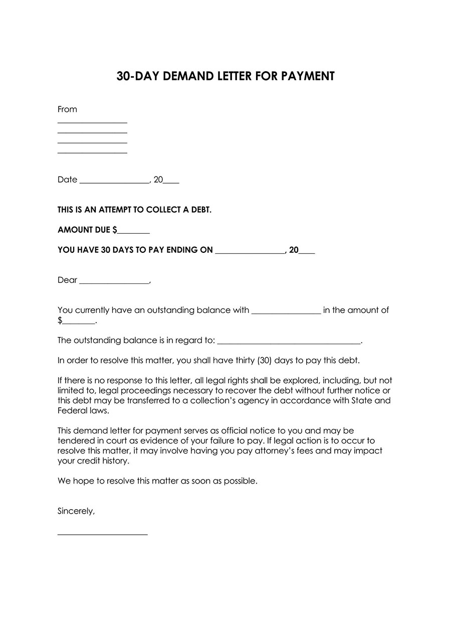 Printable 30-days demand letter template