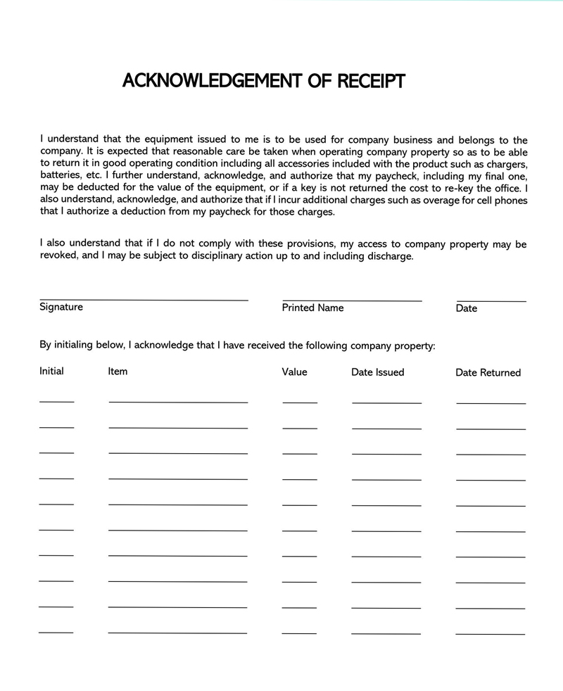 sample of acknowledgement receipt