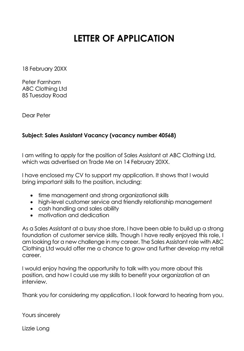 application letter for vacancy