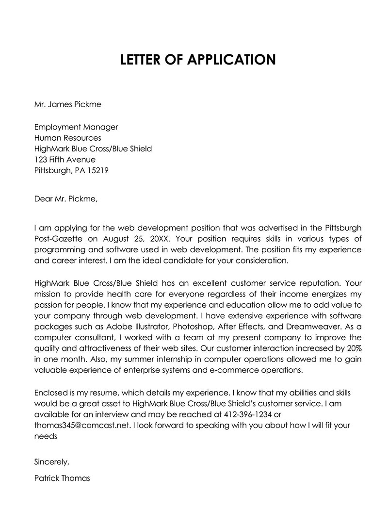 Free Editable Web Developer Job Application Letter Sample for Word Format