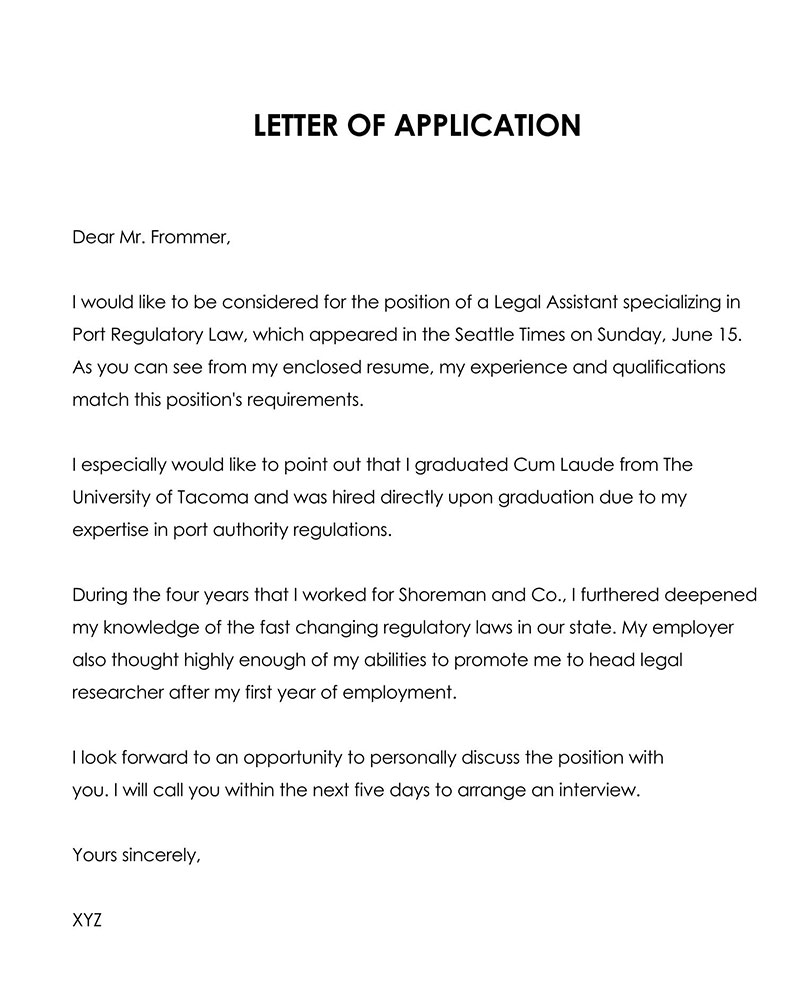 Printable Job Application Letter Template