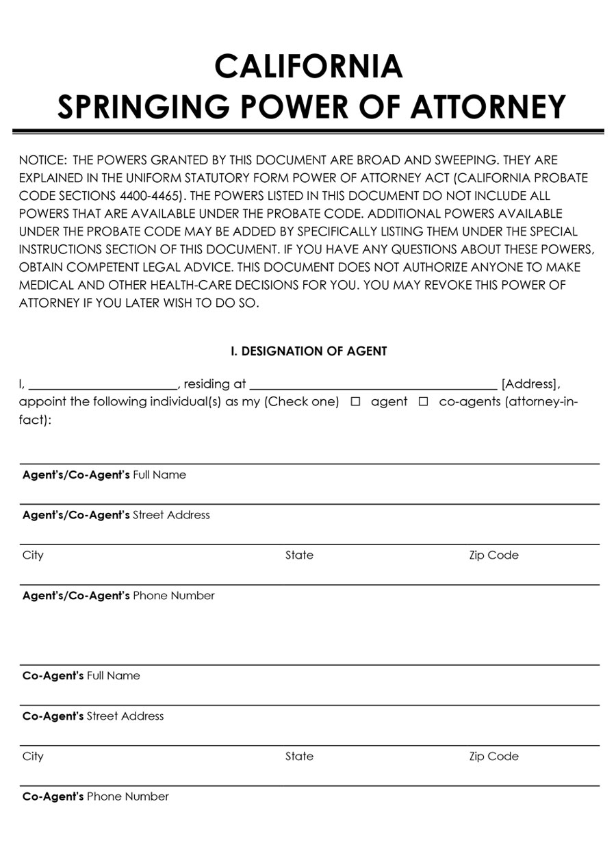Sample Springing Power of Attorney Template