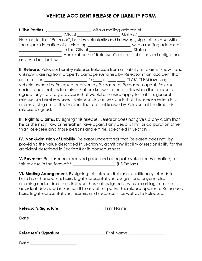 Professional Editable Vehicle Accident Release of Liability Form 01 as Word File