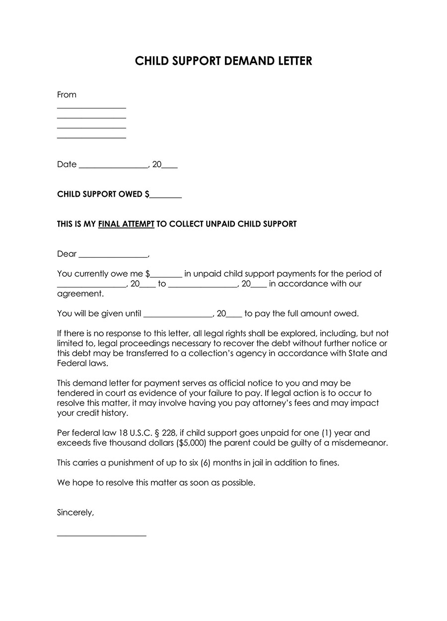 Example of a child support demand letter template