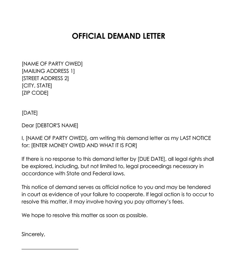 Editable official demand letter template example