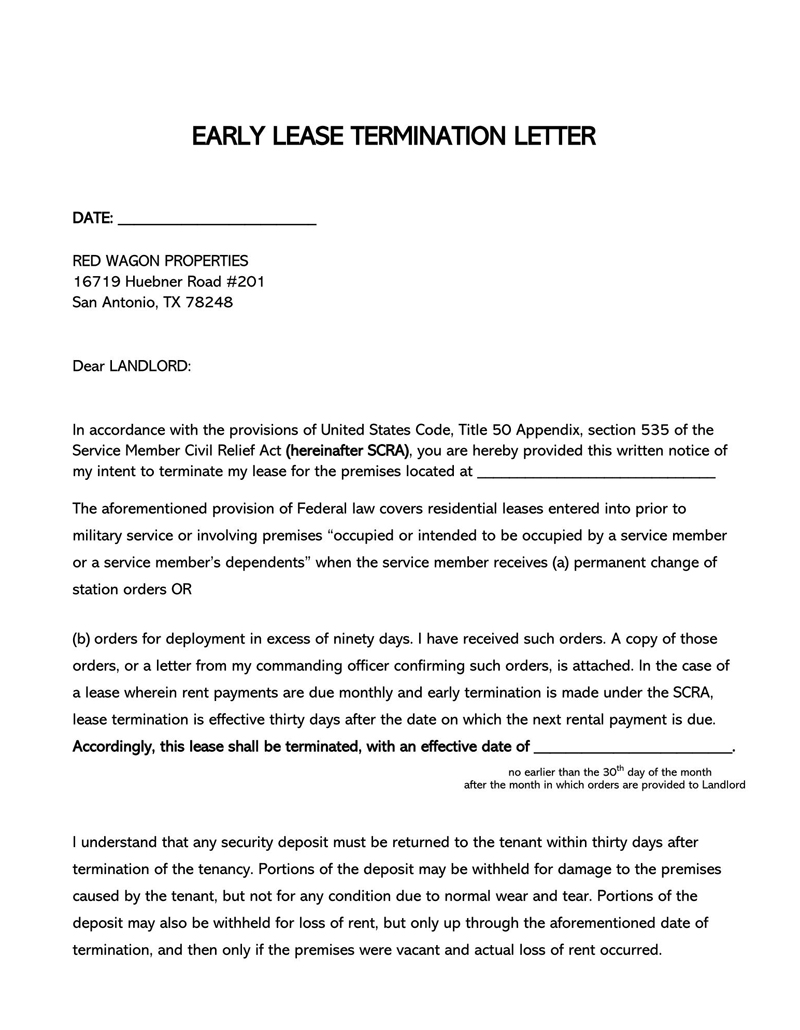 Downloadable Early Lease Termination Letter Template