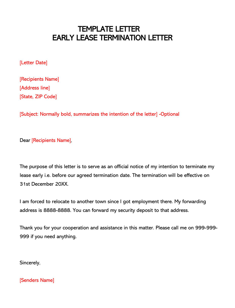 early termination of rental agreement letter by tenant