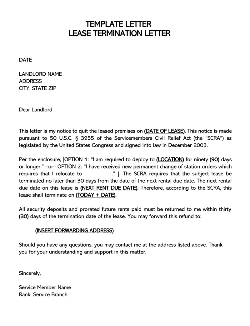 Sample Early Lease Termination Letter Template