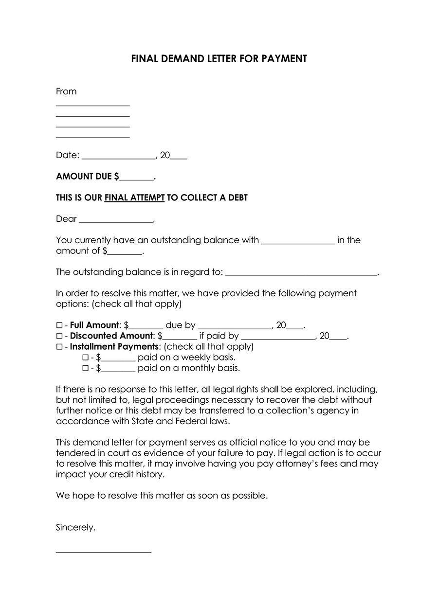Example of a final demand letter for payment - template