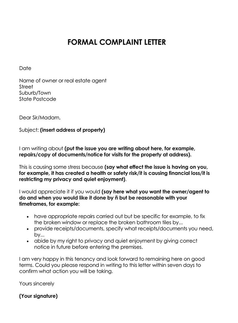 Example of a Complaint Letter