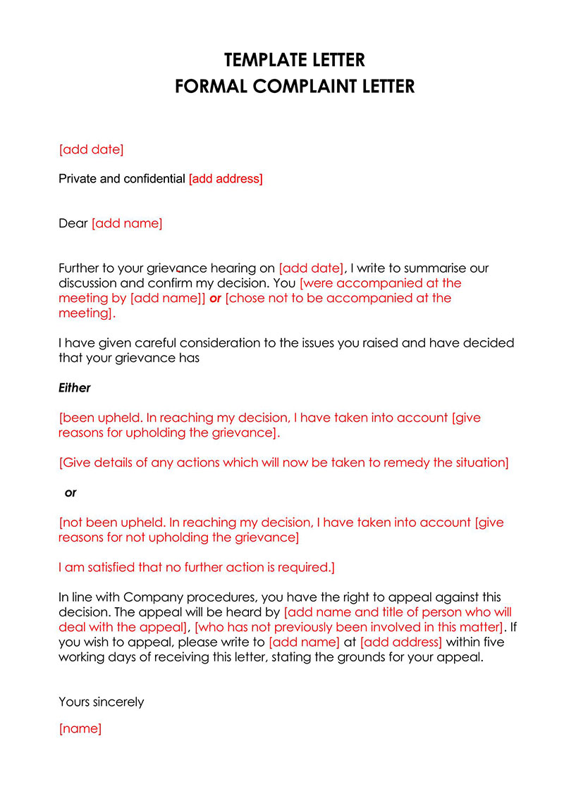 sample letter of complaint to management