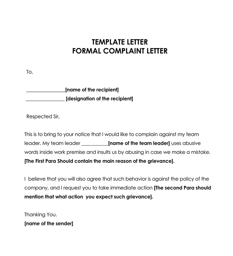 complaint letter format in english