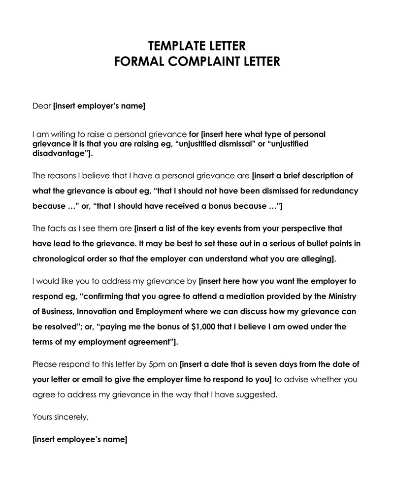 Template for Professional Complaint