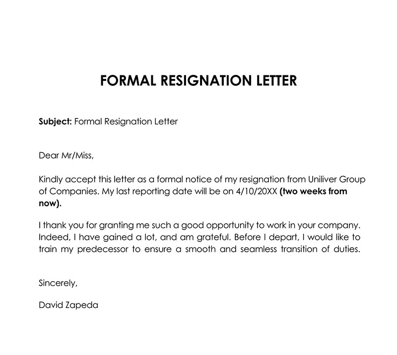 formal resignation letter sample with notice period
