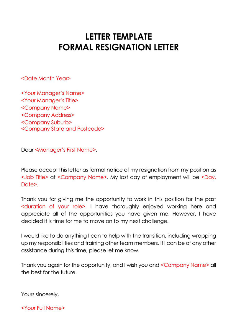 formal resignation letter sample with notice period word format