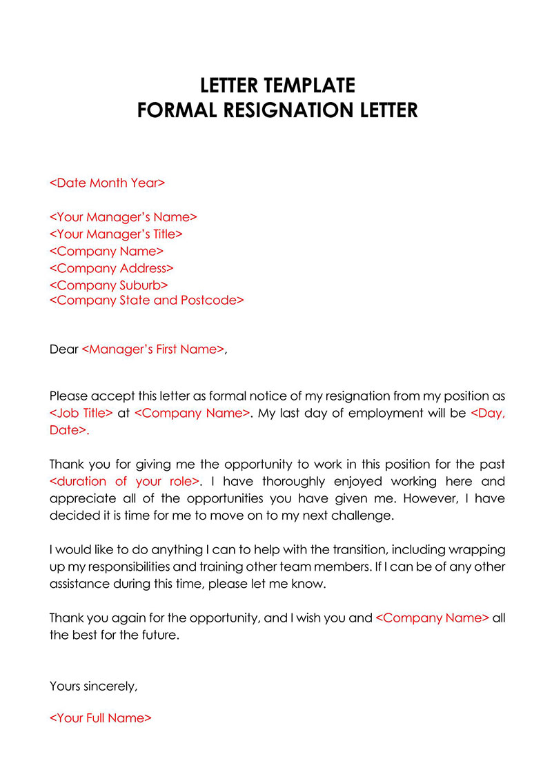 Free Customizable General Resignation Letter Template 05 for Word Document