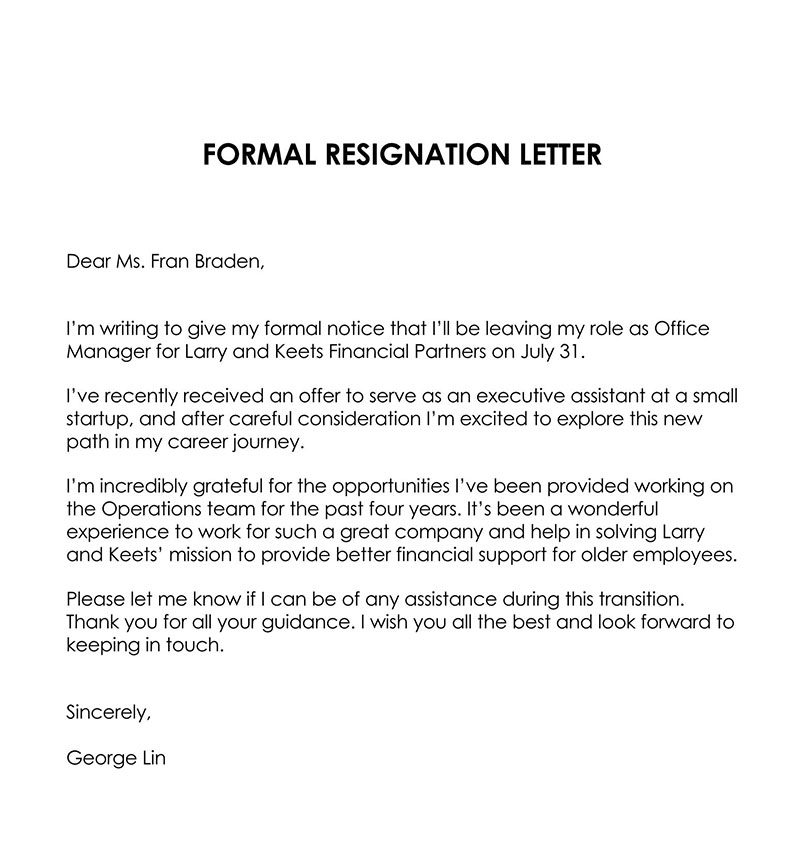 simple resignation letter 30 days notice period sample