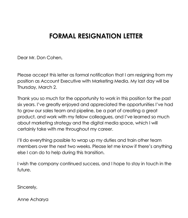 formal resignation letter sample with notice period word format