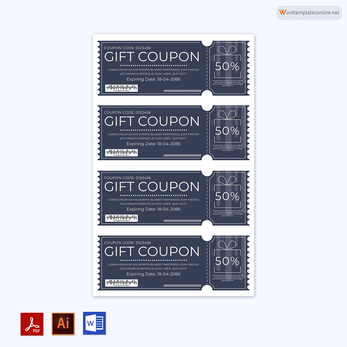 Free Editable Upto 50% Gift Coupon Template 04 for Word and Pdf format