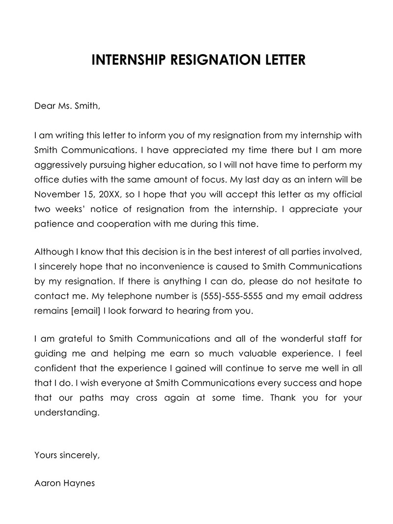 Editable Internship Resignation Letter Template
