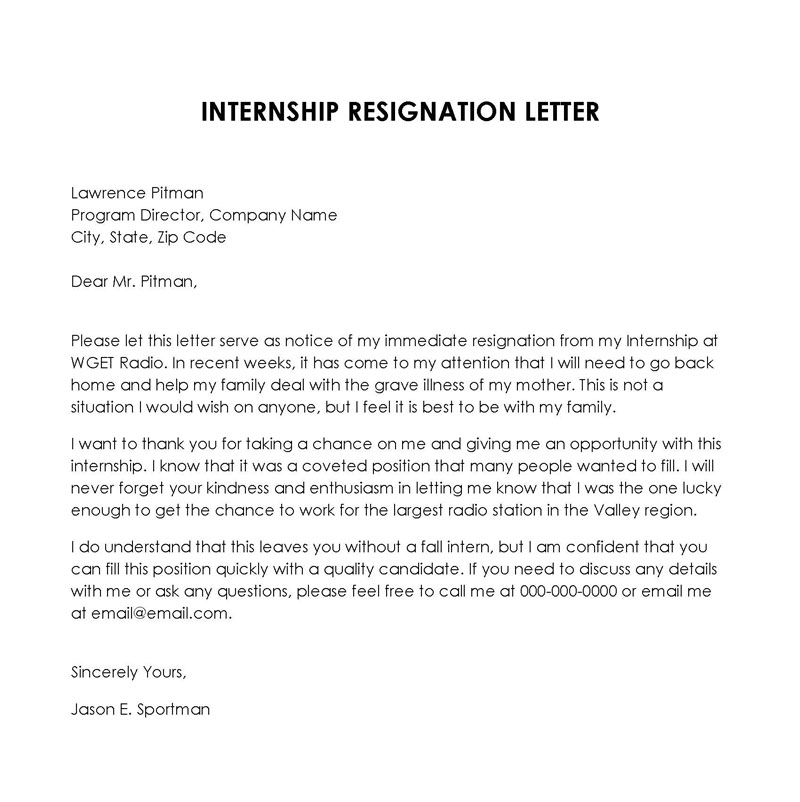 Sample Internship Resignation Letter Format