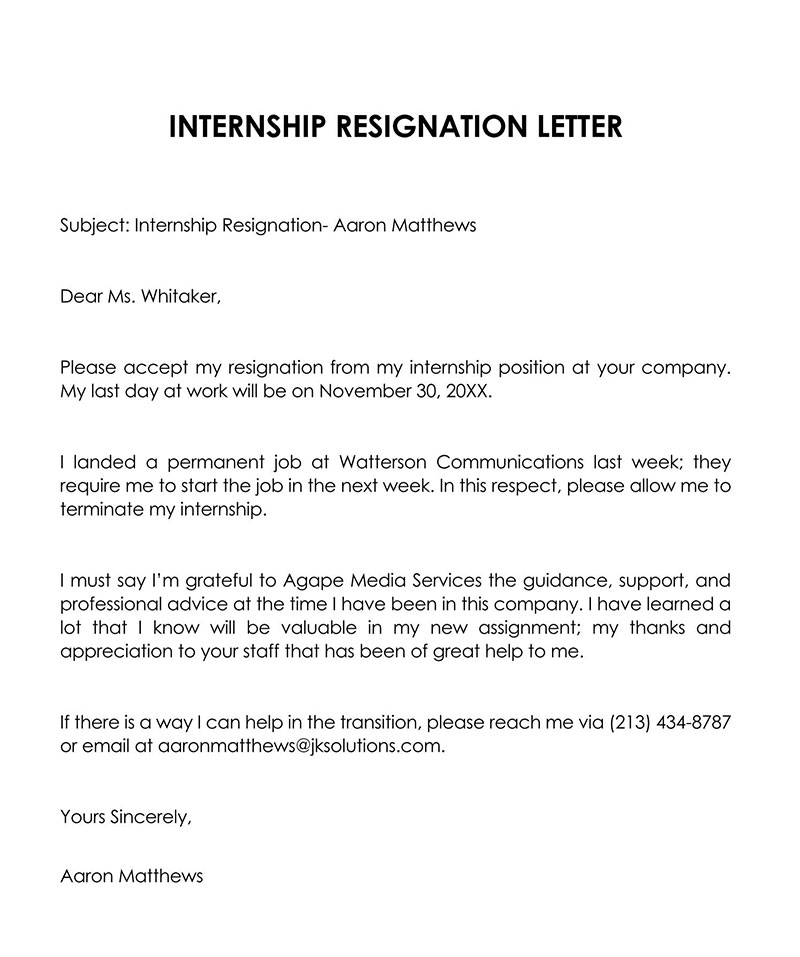 Word Internship Resignation Letter Template