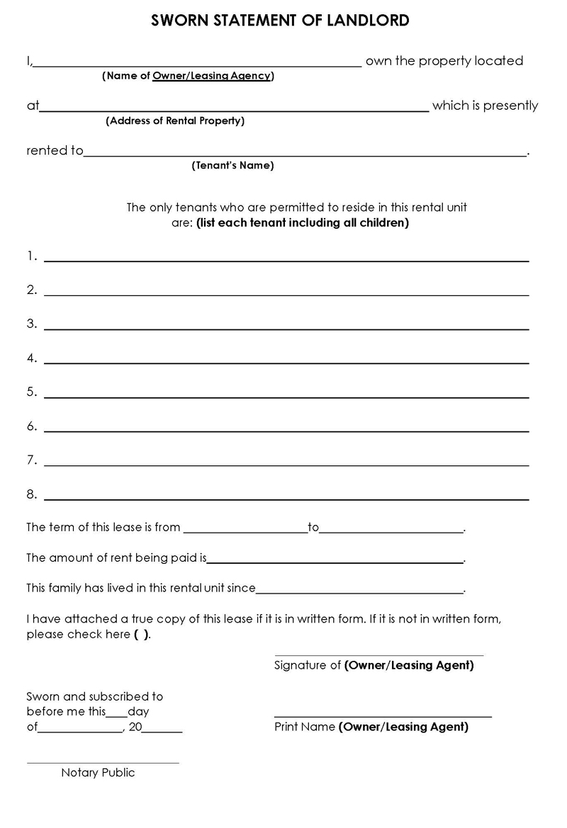 Professional Fillable SWORN Landlord Statement Template as Word Document